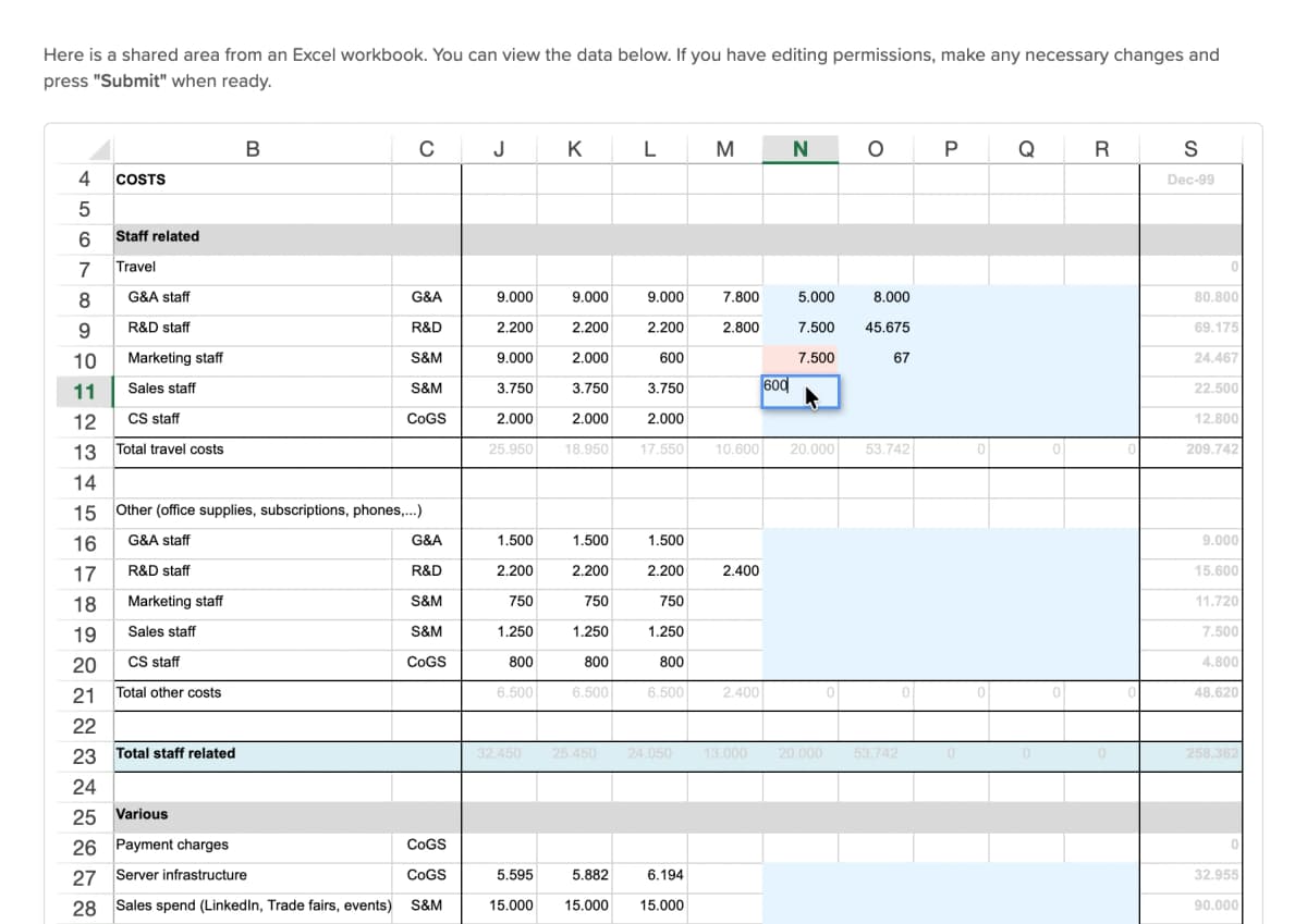Spreadsheet-Element für Dateneingabe in Airrange