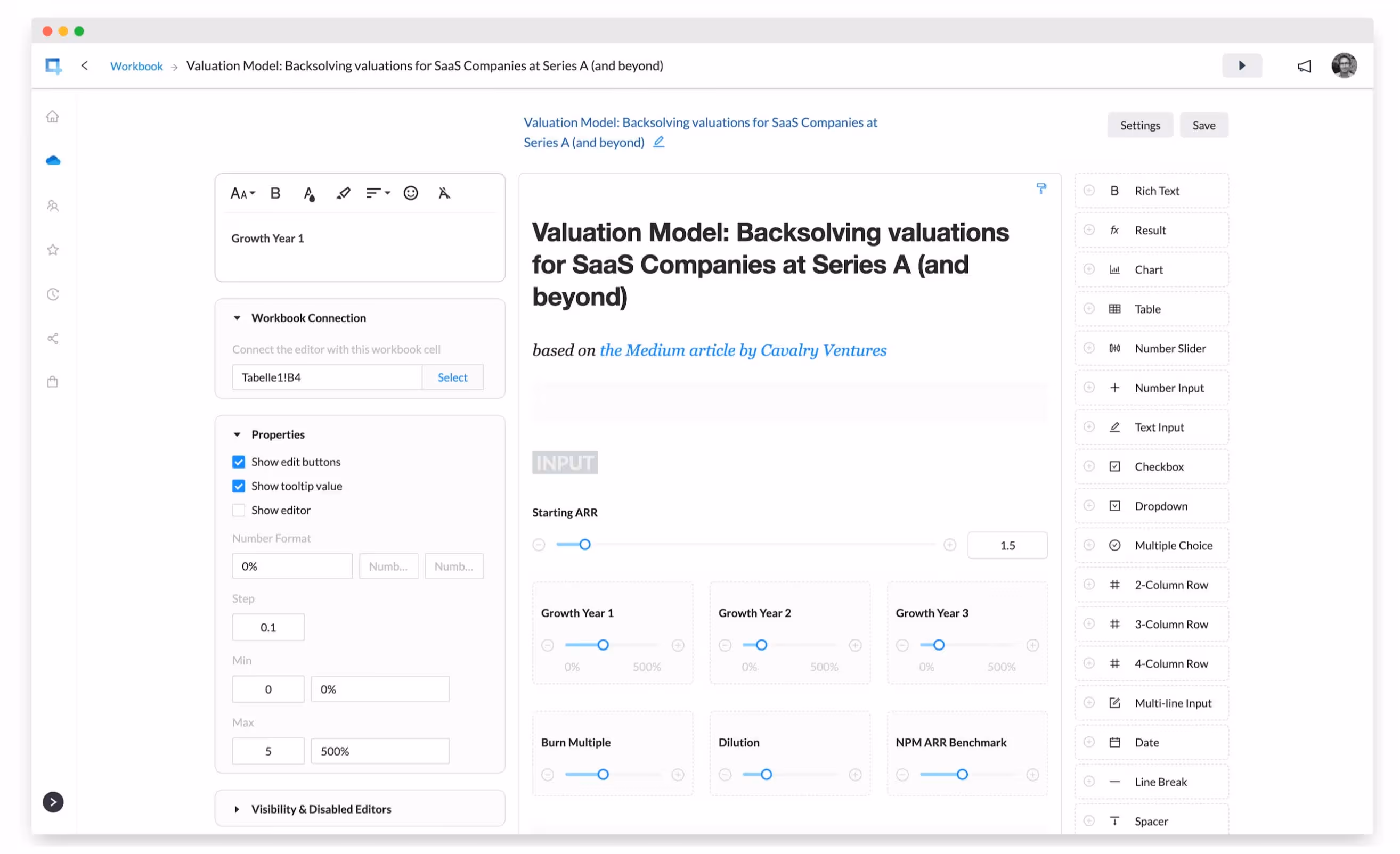 airrange app designer with the connected Excel workbook, properties panel, and element toolbox