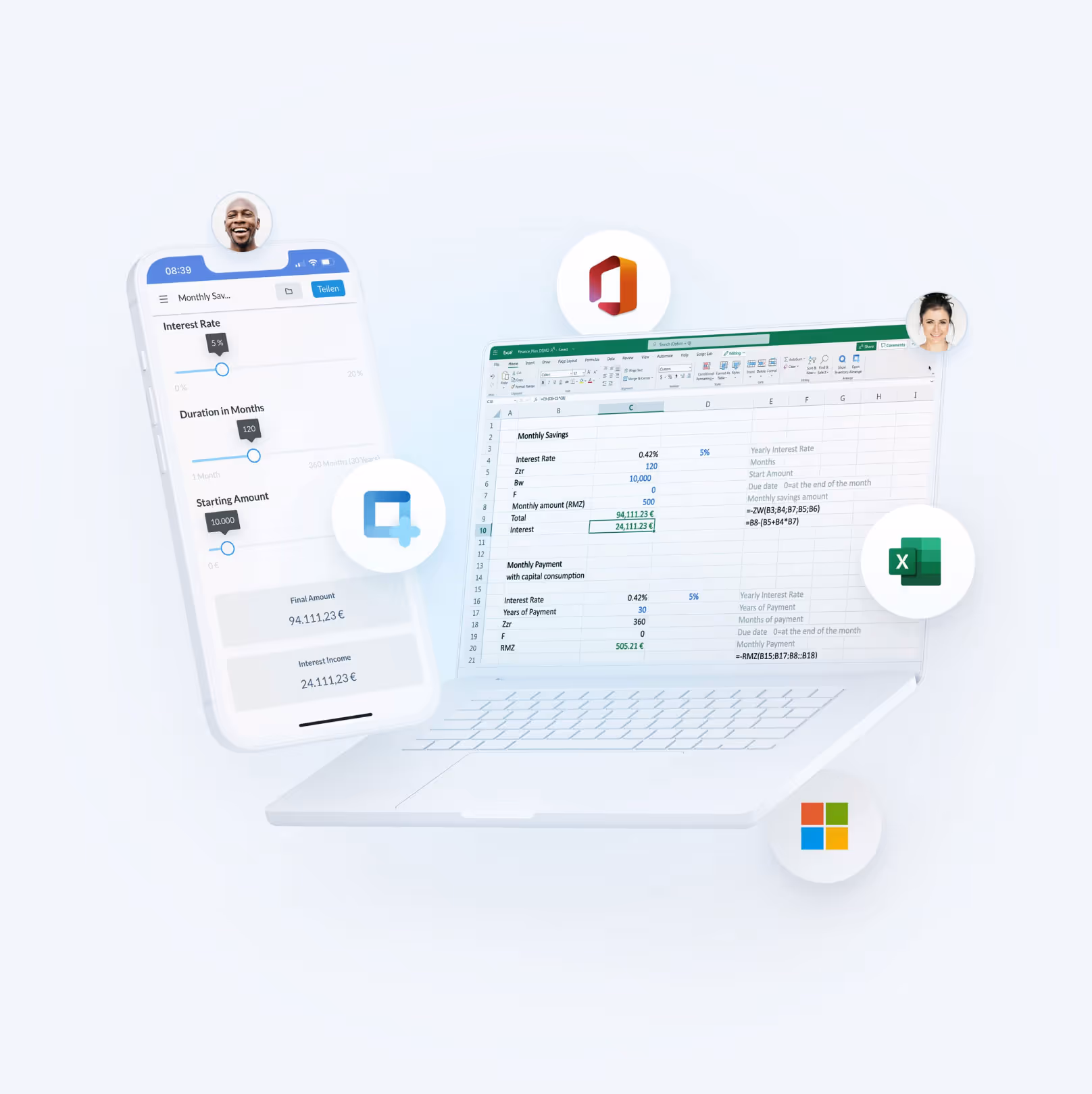 Excel model on a laptop becoming a phone calculator app, the keep-Excel alternative to replacing Excel